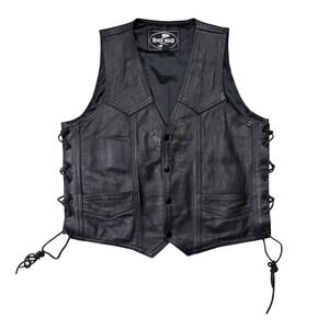 River Road Mens Black Leather Biker Motorcycle Vest Side Lace Size 40